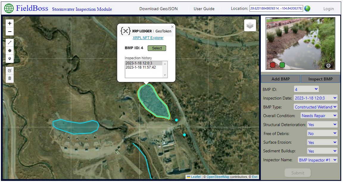 Screenshot of FieldBoss tool showing a GeoToken with metadata located at a highlighted area of an aerial photo