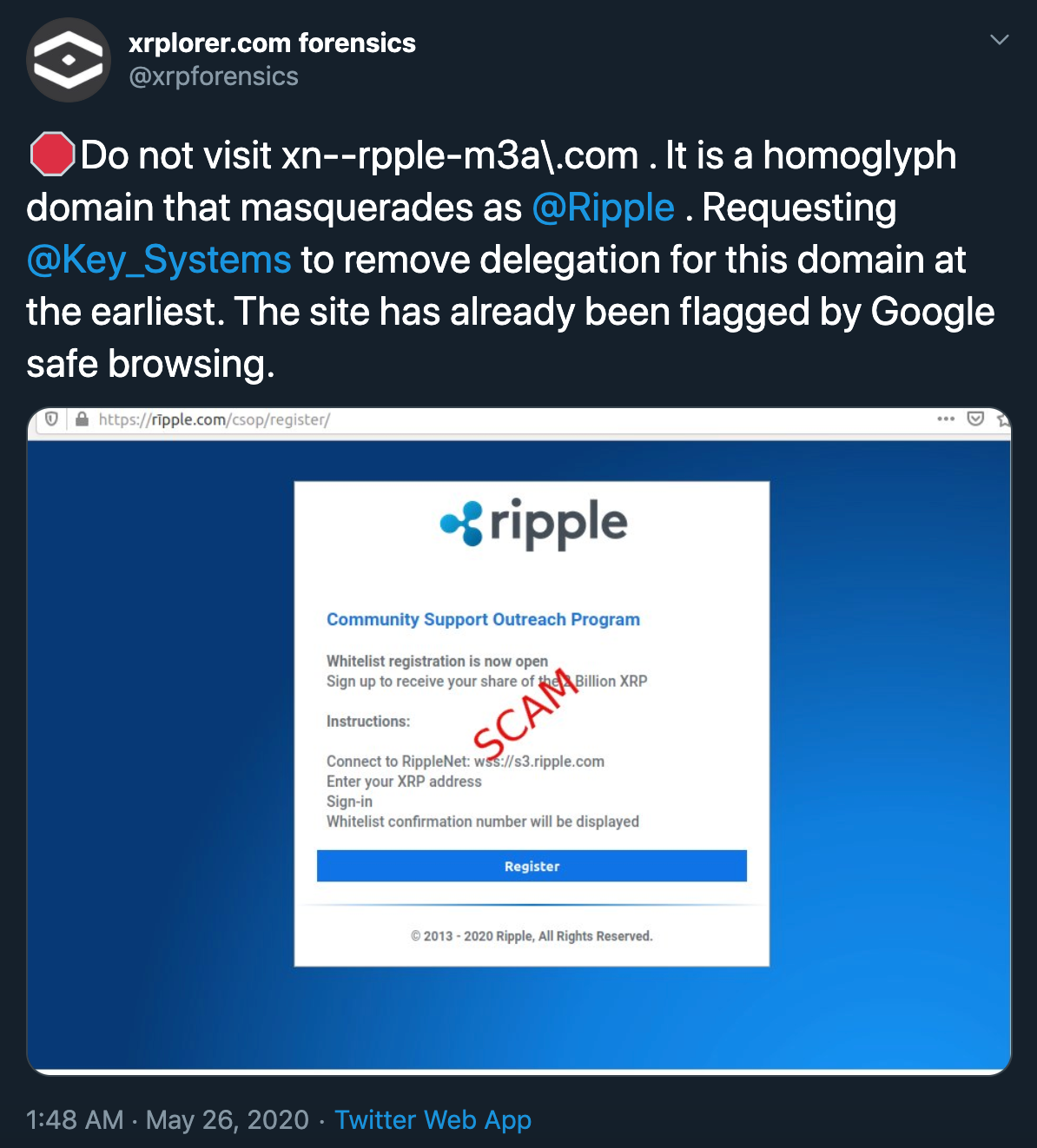 Xrplorer tweet flagging a scam domain